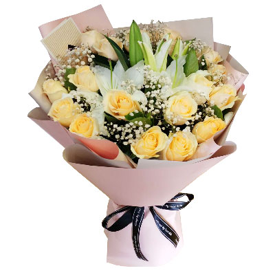 新余17朵香槟玫瑰百合，爱不惧风雨
